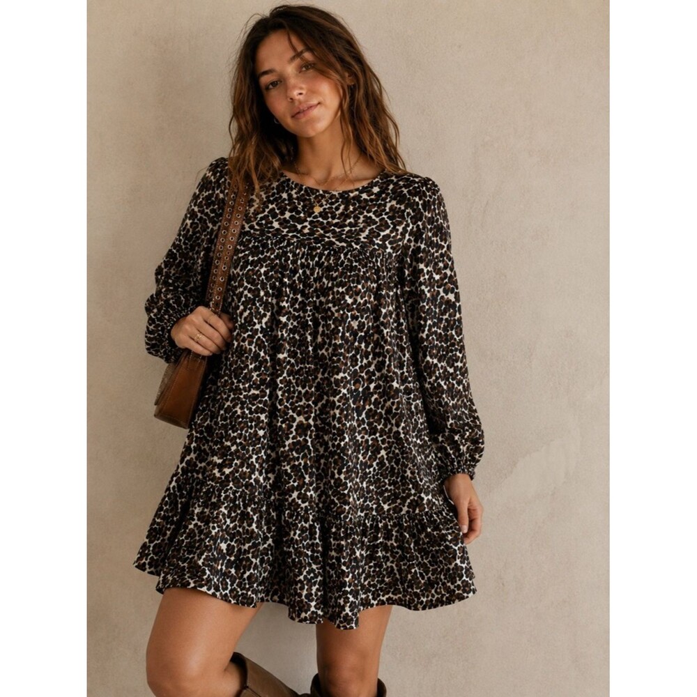 Rebecca Minkoff Leopard Print Dress Sz Small Long Sleeve Babydoll Tiered Mini